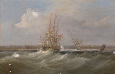 鸦片快船 "Sylph "号被单桅帆船 "Clive "号打捞上岸，约 1835 年（油画） 作者 威廉·约翰·哈金斯