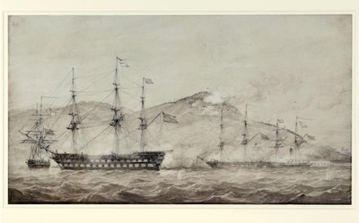 1841 年，英国皇家海军舰艇 "Wellesley "号、"Columbine "号和 "Grisel "号在中国厦门外海航行。拉维斯号 作者 威廉·乔伊