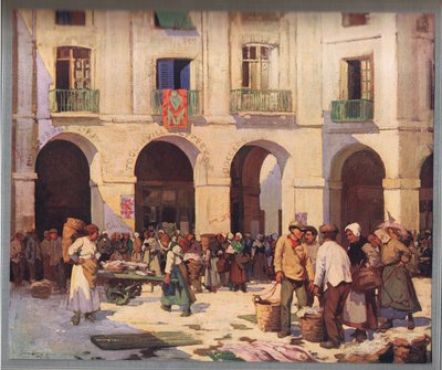 迪耶普的鱼市，选自约 1925 年出版的《艺术中的盟国》（彩色石版画） 作者 威廉·李·汉基