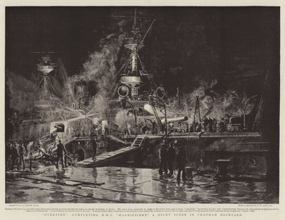 加班，完成HMS Magnificent，Chatham造船厂的夜景 作者 William Lionel Wyllie