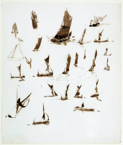 泰晤士河船屋研究（英格兰）。水粉画取自威廉-莱昂内尔-怀利（William Lionel Wyllie，1851-1931 年）约 1890 年创作的笔记本。 作者 威廉·莱昂内尔·威利