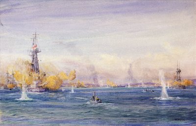 达达尼尔海峡战役（1915 年）（土耳其），加里波利战役期间，马尔马拉海。水彩画，约 1915 年，作者威廉-莱昂内尔-怀利（1851-1931 年）。 作者 威廉·莱昂内尔·威利