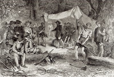 1607年5月14日詹姆斯敦的第一天，1883年Augustus L. Mason撰写的“先锋生活的浪漫与悲剧”（版画）（捆绑照片） 作者 威廉·拉德洛·谢泼德