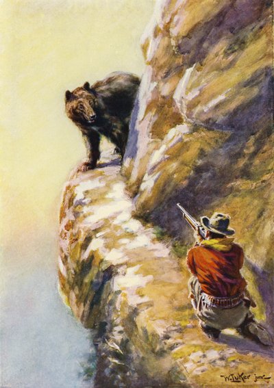 人与熊在狭窄山壁上的对峙（彩色石版画） 作者 威廉·卢克