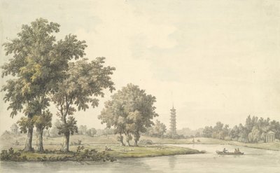 从邱园的草坪上看湖和岛，1763年。 作者 威廉·马洛