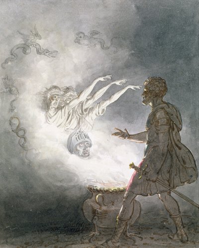麦克白和武装头的幻影，第四幕，第一幕，来自&39;麦克白&39;，威廉莎士比亚（1564-1616）c.1820（wc，洗，笔和墨水在纸上） 作者 威廉·马歇尔·克雷格