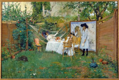 1888 年左右在户外享用早餐 花园里的年轻女性，其中一位在吊床上。 威廉·梅里特·蔡斯 (1849-1916) 的画作，1888 年托莱多。 艺术博物馆 作者 William Merritt Chase