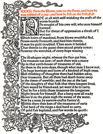 Kelmscott出版社：《 Beowulf故事》中的页面，按Troy型印刷，c.1895，1914年。 作者 威廉·莫里斯