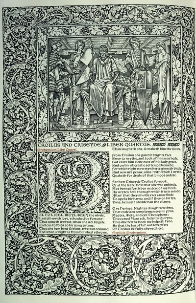 “ Troilus and Criseyde”的场景，历史化的首字母“ B”，整页边框的手稿，1896年 作者 威廉·莫里斯