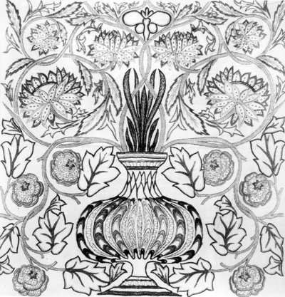 花盆"，由威廉-莫里斯（1834-96 年）设计、梅-莫里斯完成的刺绣面板（黑白印刷品） 作者 威廉·莫里斯