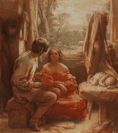 艺术家工作室，c.1839（铅笔，纸上红白粉笔） 作者 威廉·穆雷迪（William Mulready）