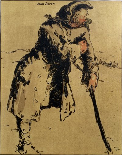 约翰·西尔弗 (John Silver)，《浪漫人物》插图，1900 年首次出版（彩色平版印刷） 作者 威廉·尼科尔森