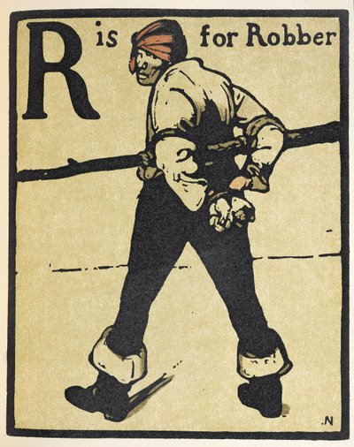 R 代表强盗，插图选自 William Heinemann 出版的《字母表》。 作者 威廉·尼科尔森