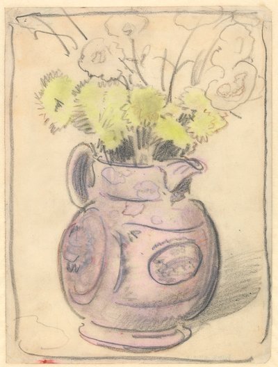 花瓶：光泽壶中的黄色菊花（黑色和彩色粉笔画在纸上） 作者 威廉·尼科尔森