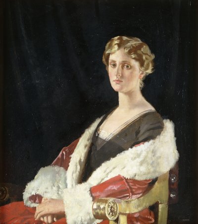 南希·奥斯瓦尔德·史密斯（Nancy Oswald Smith）的肖像，坐半身，穿红色衬皮大衣，1915年 作者 威廉·奥彭