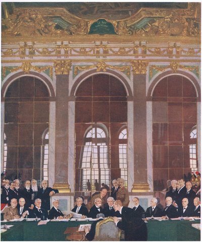 1919年6月28日在凡尔赛宫的镜厅签署和平，由Waverley Book Company Limited出版的Cassells英国人民历史，c.1940 作者 威廉·奥彭