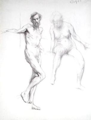 一个男人和一个女人的研究（纸上铅笔）。 作者 威廉·奥彭