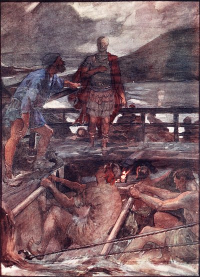 凯撒和飞行员》，插图选自《普鲁塔克的男孩和女孩的生活》，W.H. Weston 复述，伦敦，约 1910 年（彩色石版印刷）。 作者 威廉·雷尼