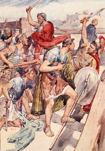 盖乌斯-格拉古的追捕》，插图选自《普鲁塔克的男女生生活》，W.H. Weston 复述，伦敦，约 1910 年（彩色石版印刷）。 作者 威廉·雷尼
