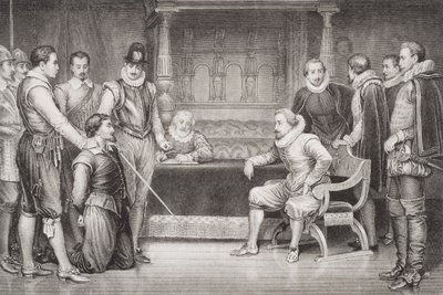 盖伊福克斯（1570-1606）由詹姆斯一世（1566-1625）和他在国王卧室的议会审问，来自“英国和苏格兰历史插图”第一卷 作者 威廉·拉尔斯顿