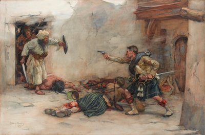 第 92 戈登高地步兵团鼓手詹姆斯-罗迪克（James Roddick）在坎大哈的徒手搏斗中保护孟席斯中尉 作者 威廉·斯科奇·卡明