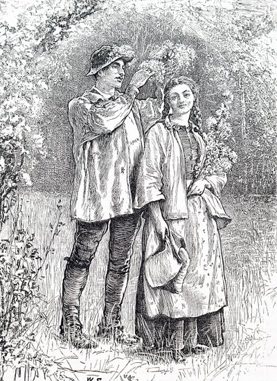 The crowning of the May Queen with a wreath of hawthorn by her sweetheart. By William Small (1843-1929) an English illustrator 作者 威廉·斯莫特