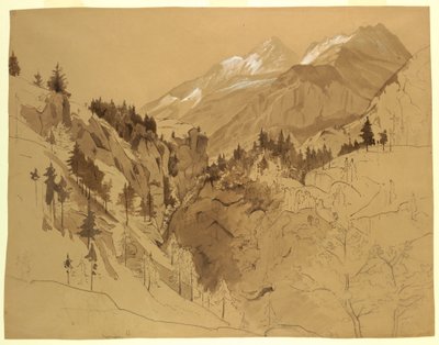绘画，瑞士迈林根附近的山脉，1856 年 作者 威廉·斯坦利·哈瑟尔汀