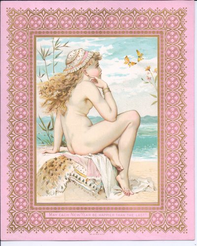 沐浴的秀丽的维多利亚女王时代的新年卡片在海滩的，c.1881 作者 威廉·斯蒂芬·科尔曼