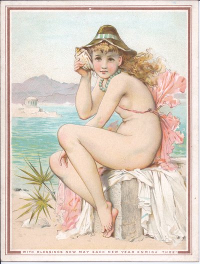 沐浴秀丽的维多利亚女王时代的新年卡片在拿着壳的海滩对她的耳朵，c.1881 作者 威廉·斯蒂芬·科尔曼