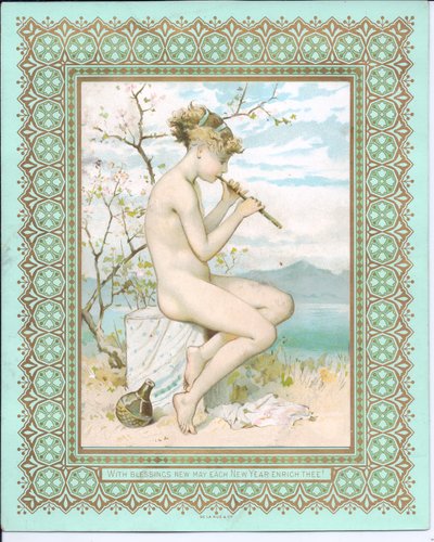 沐浴秀丽的维多利亚女王时代的新年卡片在演奏长笛的海滩，c.1881 作者 威廉·斯蒂芬·科尔曼