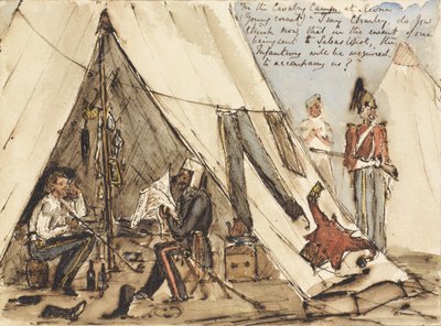 在Devna的骑兵营（Young Cornet）？我说Charley，你觉得现在我们被派往Sebastopol，步兵将被要求陪伴我们吗？c.1854（钢笔墨水和wc） 作者 威廉·托马斯·马克汉姆