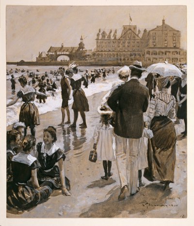 海滩景象，来自《哈珀周刊》，出版。1900. 作者 威廉·托马斯·斯梅德利