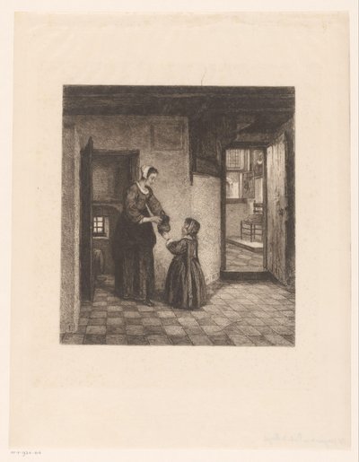 地下室房间里带着孩子的妇女 作者 彼得·霍克（Pieter de Hooch）