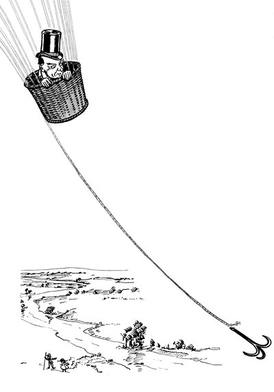 绿野仙踪》--《绿野仙踪》：丹斯洛、威廉-华莱士（1856-1915）为弗兰克-鲍姆的书（1856-1919）1900年第一版绘制的图画--魔术师在气球的篮子里飞翔--。 作者 威廉·华莱士·丹斯洛