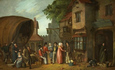 旅馆外的场景，也许在萨默塞特郡的康格雷斯伯里，约于1824年（面板上的油） 作者 威廉·韦斯特