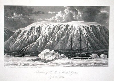 H.M.S. Hecla & Griper号的情况，1819年9月20日，摘自《1819-20年发现从大西洋到太平洋的西北通道的航行日志》，作者威廉-爱德华-帕里，1821年出版（雕刻）。 作者 威廉韦斯特尔