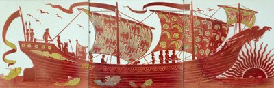 三个瓷砖描绘一艘船在日落时航行（陶瓷） 作者 威廉·德·摩根