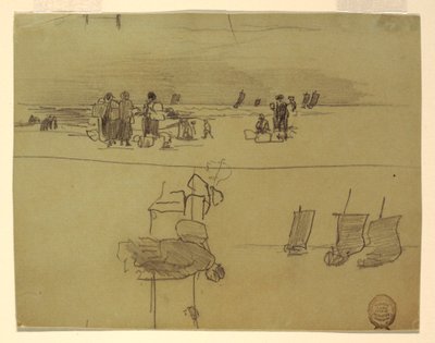 素描，有提着篮子的妇女的海滩场景，英格兰库勒科茨，1881-82 年 作者 温斯洛·荷马