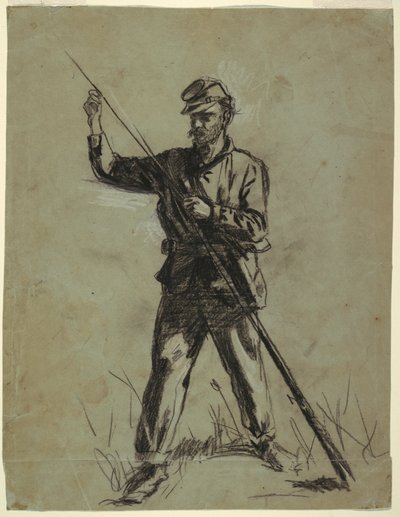 绘图，骑兵士兵给步枪上膛，1863-64 年 作者 温斯洛·荷马