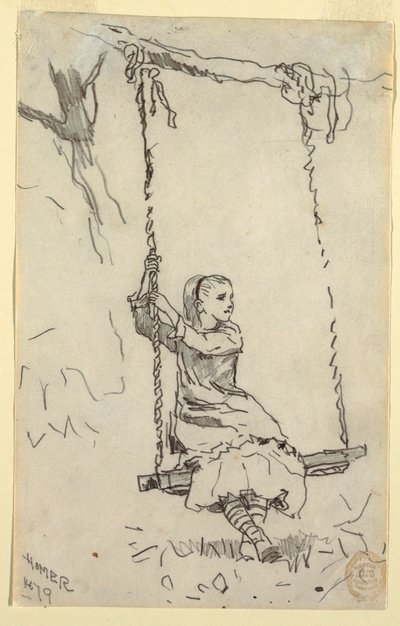 素描，秋千上的女孩，1879 年 作者 温斯洛·荷马