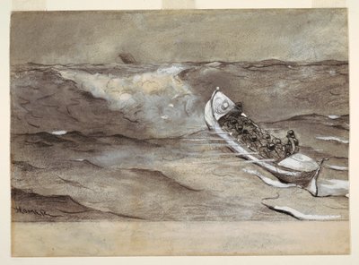 素描，救生艇，水彩画 "铁冠号沉船 "的研究，1881 年 作者 温斯洛·荷马