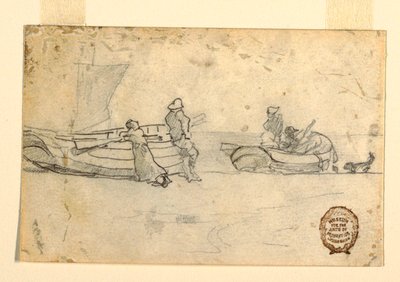 素描，《海滩上的两艘船和人物》，英格兰库勒科茨，1881-82 年 作者 温斯洛·荷马