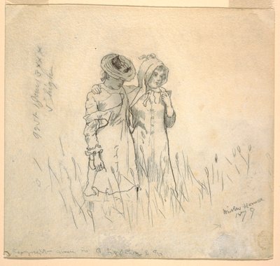 素描，田野中的两个女孩，1879 年 作者 温斯洛·荷马