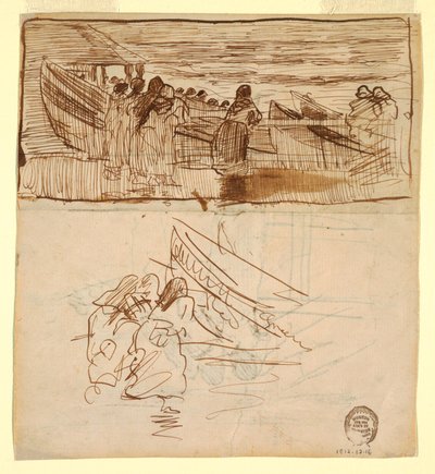 素描，《两幅妇女观看独桅帆船下水的研究》，英格兰库勒科茨，1881 年 作者 温斯洛·荷马