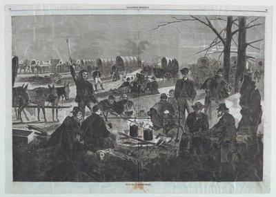 一列马车的停顿，摘自《哈珀周刊》，1864 年 2 月 6 日，第 88-89 页 作者 Harper and Bros.，纽约，纽约，美国