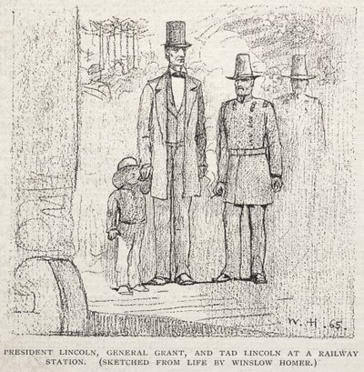 林肯总统，格兰特将军和塔德林肯在火车站，1887年。 作者 温斯洛·荷马
