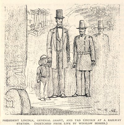 林肯总统、格兰特将军和泰德-林肯在火车站，选自《世纪杂志》，1887 年 11 月 作者 温斯洛·荷马