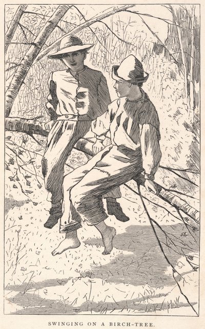 在白桦树上荡秋千》，选自《我们的年轻人》，1867 年 6 月 作者 温斯洛·荷马