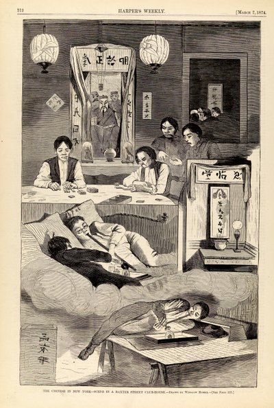 纽约的中国人--巴克斯特街俱乐部的场景，摘自《哈珀周刊》1874 年 3 月 7 日 作者 温斯洛·荷马