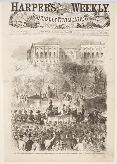 华盛顿通过国会大厦大门的就职游行，摘自《哈珀周刊》，1861 年 3 月 16 日，第 161 页。 作者 Harper and Bros.，纽约，纽约，美国